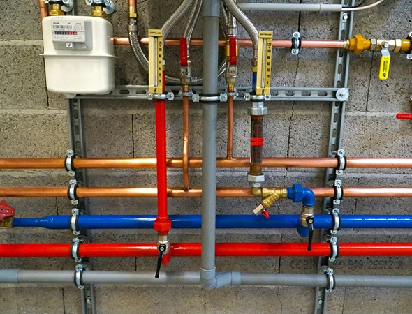 A wall featuring various pipes and valves, illustrating essential plumbing infrastructure and its functional components.