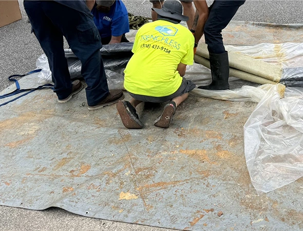 Three men collaborate on a large plastic component, demonstrating techniques related to trenchless plumbing installation.