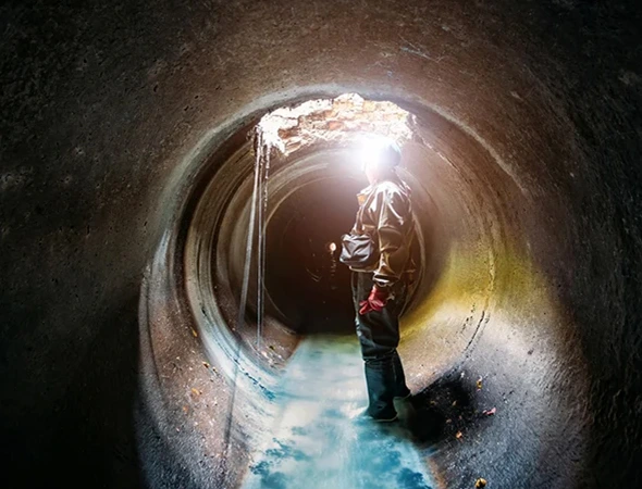 A person in protective gear stands inside a dimly lit sewer tunnel. The scene is illuminated by a flashlight on their helmet, with blue liquid on the ground.