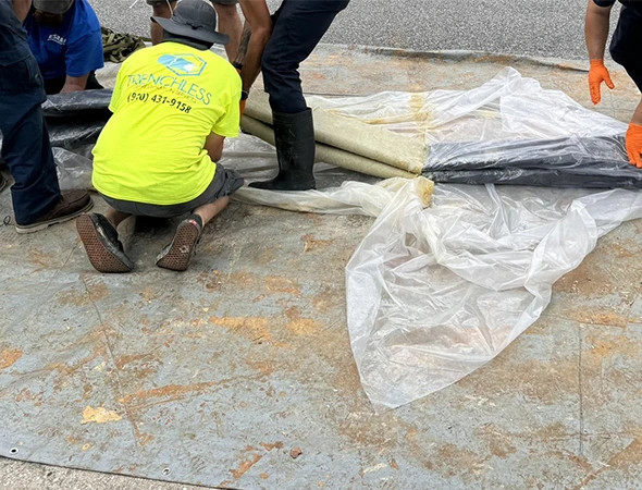 Four men wearing orange gloves are engaged in trenchless plumbing, handling a large sheet of plastic.
