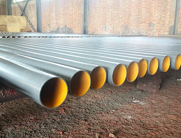 A row of large, gray metal pipes with yellow interiors, arranged horizontally in a warehouse with brick walls and a concrete floor, creating an industrial atmosphere.