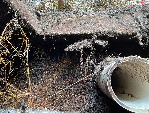 Exposed underground roots envelop a rusty pipe, creating a tangled network. The gritty texture and earthy tones convey a sense of nature reclaiming space.